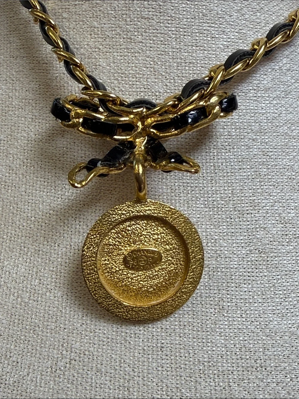 CHANEL Gold and Black Bow Link Choker with Coin Charm